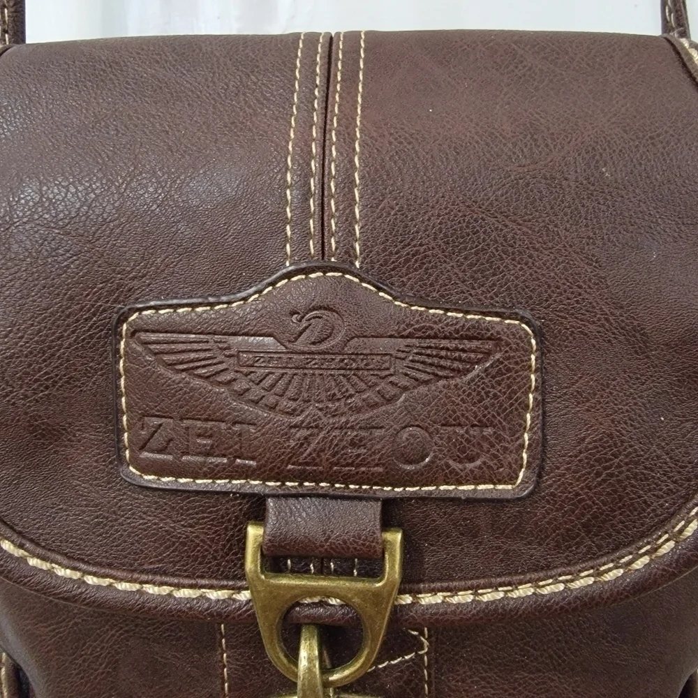 Zhi Zhou Crossbody Bag Flap Top Brown with Contrast Stitching